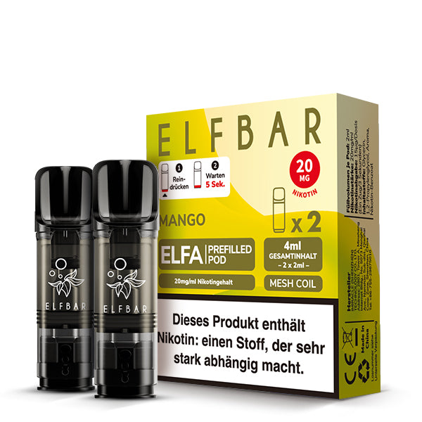 Elfbar ELFA Prefilled Pods Mango - 2er Pack mit 20mg Nikotin, Mesh Coil und 4ml Gesamtinhalt - entdecke den sommerlich-süßen Geschmack - kompatibel mit ELFA Akku - Original Elfbar günstig bei VECOM kaufen