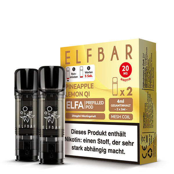Elfbar ELFA Prefilled Pods Pineapple Lemon QI - 2er Pack mit 20mg Nikotin, Mesh Coil und 4ml Gesamtinhalt - kompatibel mit ELFA Akku - Original Elfbar bei VECOM kaufen