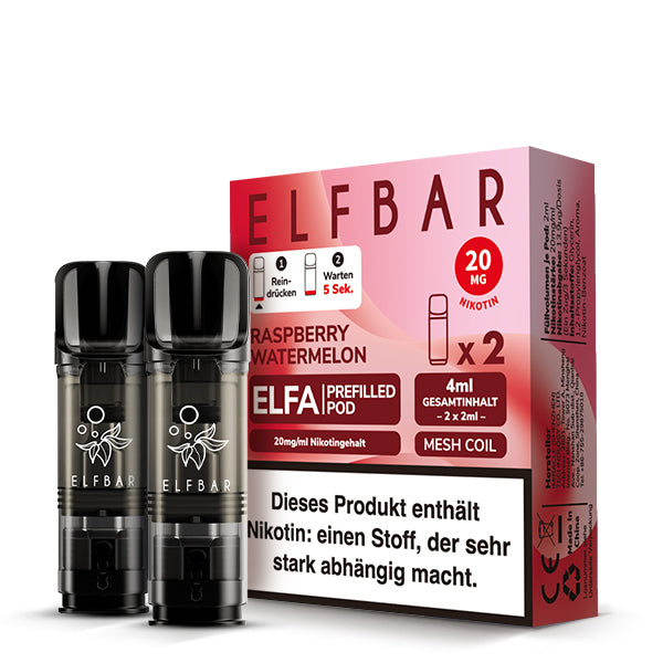 Elfbar ELFA Prefilled Pods Strawberry Watermelon - süßer Geschmack im 2er Pack mit 20mg Nikotin, Mesh Coil und 4ml Gesamtinhalt - kompatibel mit ELFA Akku - Original Elfbar günstig bei VECOM kaufen