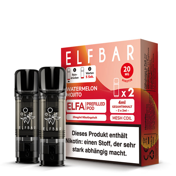 Elfbar ELFA Prefilled Pods Watermelon Mojito - 2er Pack vorgefüllte Pods mit 20mg Nikotin und Mesh Coil - kompatibel mit ELFA Akku - Original Elfbar bei VECOM kaufen