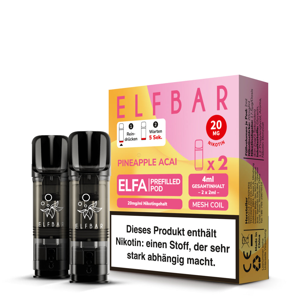 Elfbar ELFA Prefilled Pods Pineapple Acai - 2er Pack mit 20mg Nikotin, Mesh Coil und 4ml Gesamtinhalt - kompatibel mit ELFA Akku - entdecke die neue Geschmacksrichtung - Original Elfbar günstig bei VECOM kaufen