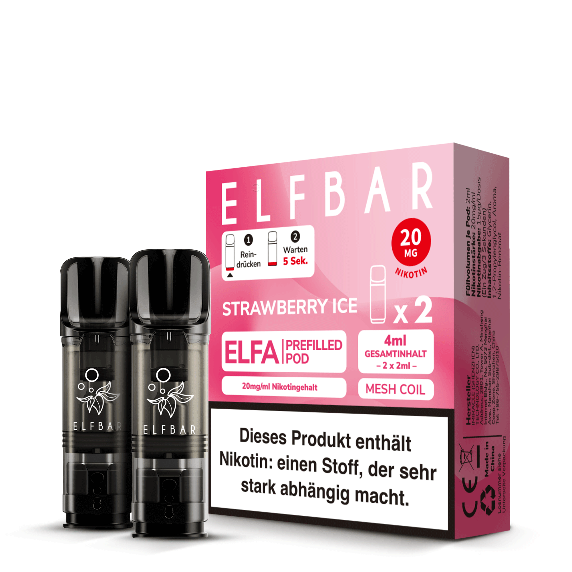 Elfbar ELFA Prefilled Pods Strawberry Ice - 2er Pack mit 20mg Nikotin, Mesh Coil und 4ml Gesamtinhalt - passend zu ELFA Akku - Original Elfbar günstig bei VECOM kaufen