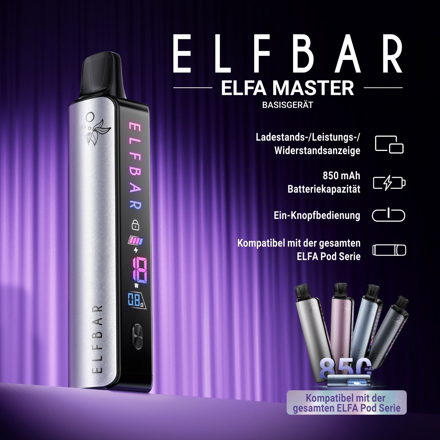 Elfbar ELFA Master Trägergerät – wiederaufladbares Premiumgerät mit Akkustandanzeige und Leistungsanzeige, kompatibel mit der gesamten ELFA Pod Serie. Günstig bei Vecom kaufen