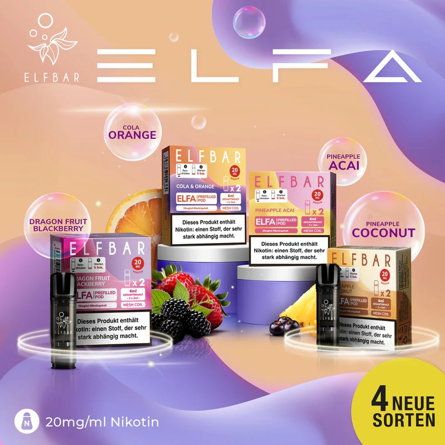 Elfbar Elfa Prefilled Pods - vorbefüllte Vape Pods in vielen Geschmacksrichtungen wie Beeren, Zitrone und Minze. Jetzt günstig bei VECOM kaufen.