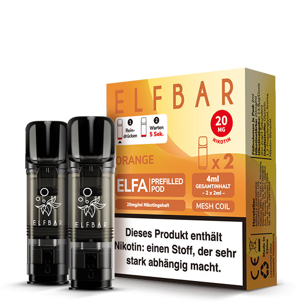 Elfbar ELFA Prefilled Pods Orange- 2er Pack mit 20mg Nikotin, Mesh Coil und 4ml Gesamtinhalt - saftiger Orangengeschmack - kompatibel mit ELFA Akku - Original Elfbar günstig bei VECOM kaufen