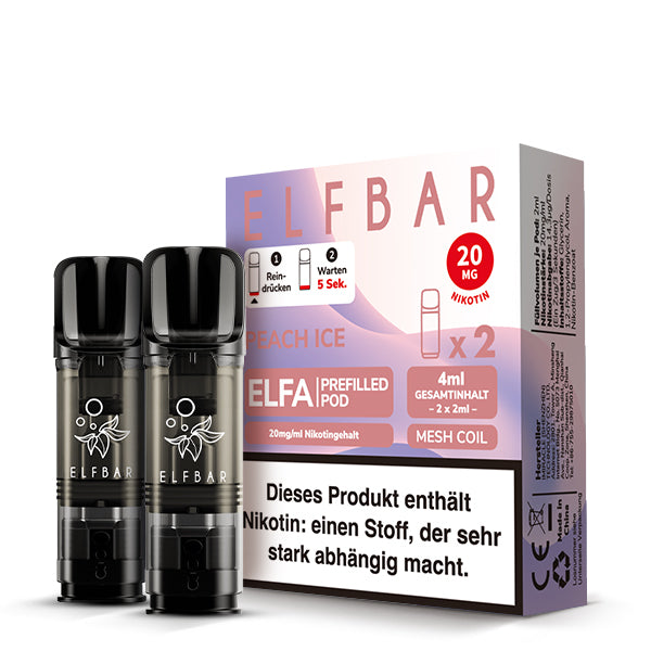 Elfbar ELFA Prefilled Pods Peach Ice - 2er Pack mit 20mg Nikotin - fruchtig-kühler Geschmack - Mesh Coil und 4ml Gesamtinhalt - kompatibel mit ELFA Akku - Original Elfbar günstig bei VECOM kaufen