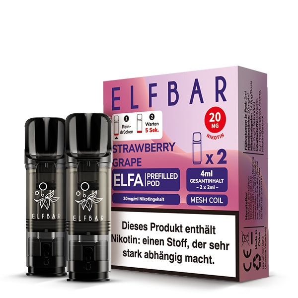 Elfbar ELFA Prefilled Pods Strawberry Grape - süß-fruchtiger Geschmack im 2er Pack mit 20mg Nikotin, Mesh Coil und 4ml Gesamtinhalt - kompatibel mit ELFA Akku - Original Elfbar günstig bei VECOM kaufen