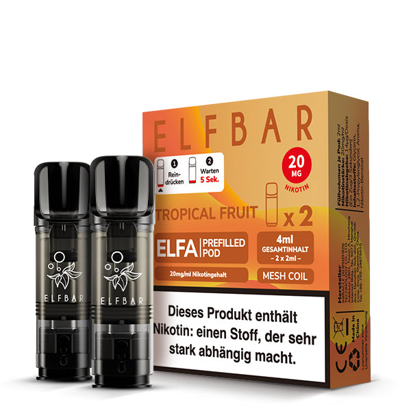 Elfbar ELFA Prefilled Pods Tropical Fruit - 2er Pack mit 20mg Nikotin, Mesh Coil und 4ml Gesamtinhalt - kompatibel mit ELFA Akku - Original Elfbar günstig bei VECOM kaufen