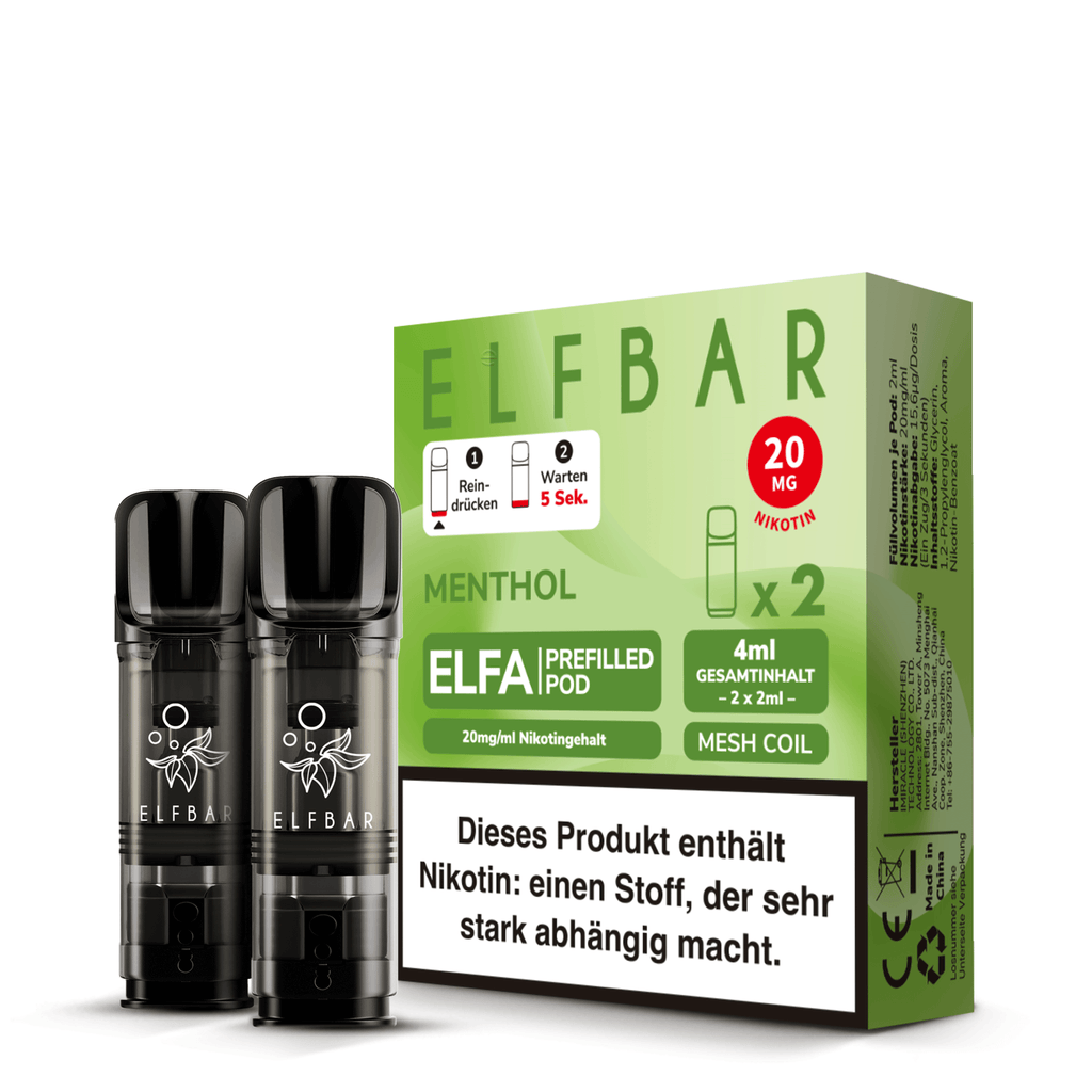 Elfbar ELFA Prefilled Pods Menthol - 2er Pack mit 20mg Nikotin - der perfekte Frischekick -  Mesh Coil und 4ml Gesamtinhalt - kompatibel mit ELFA Akku - Original Elfbar günstig bei VECOM kaufen