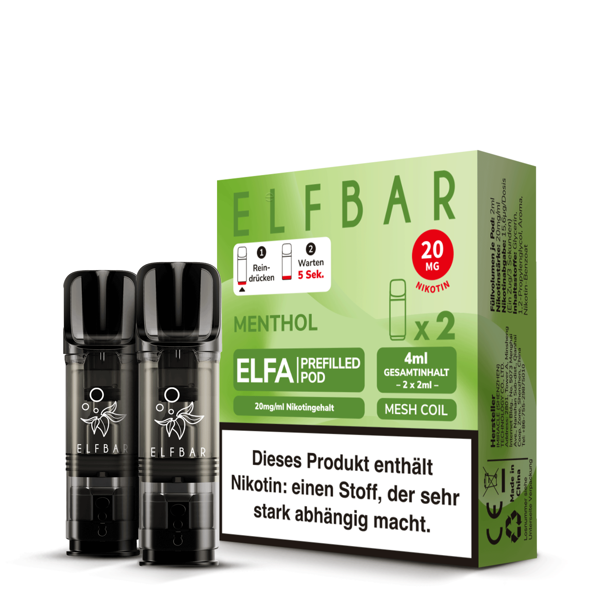Elfbar ELFA Prefilled Pods Menthol - 2er Pack mit 20mg Nikotin - der perfekte Frischekick -  Mesh Coil und 4ml Gesamtinhalt - kompatibel mit ELFA Akku - Original Elfbar günstig bei VECOM kaufen
