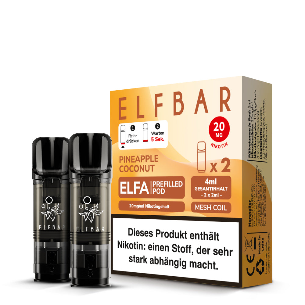 Elfbar ELFA Prefilled Pods Pineapple Coconut - 2er Pack mit 20mg Nikotin, Mesh Coil und 4ml Gesamtinhalt - kompatibel mit ELFA Akku - sommerlich-fruchtiger Geschmack - Original Elfbar günstig bei VECOM kaufen