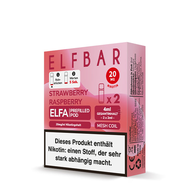 Elfbar ELFA Prefilled Pods Strawberry Raspberry - 2er Pack mit 20mg Nikotin, Mesh Coil und 4ml Gesamtinhalt - kompatibel mit ELFA Akku - Original Elfbar günstig bei VECOM kaufen