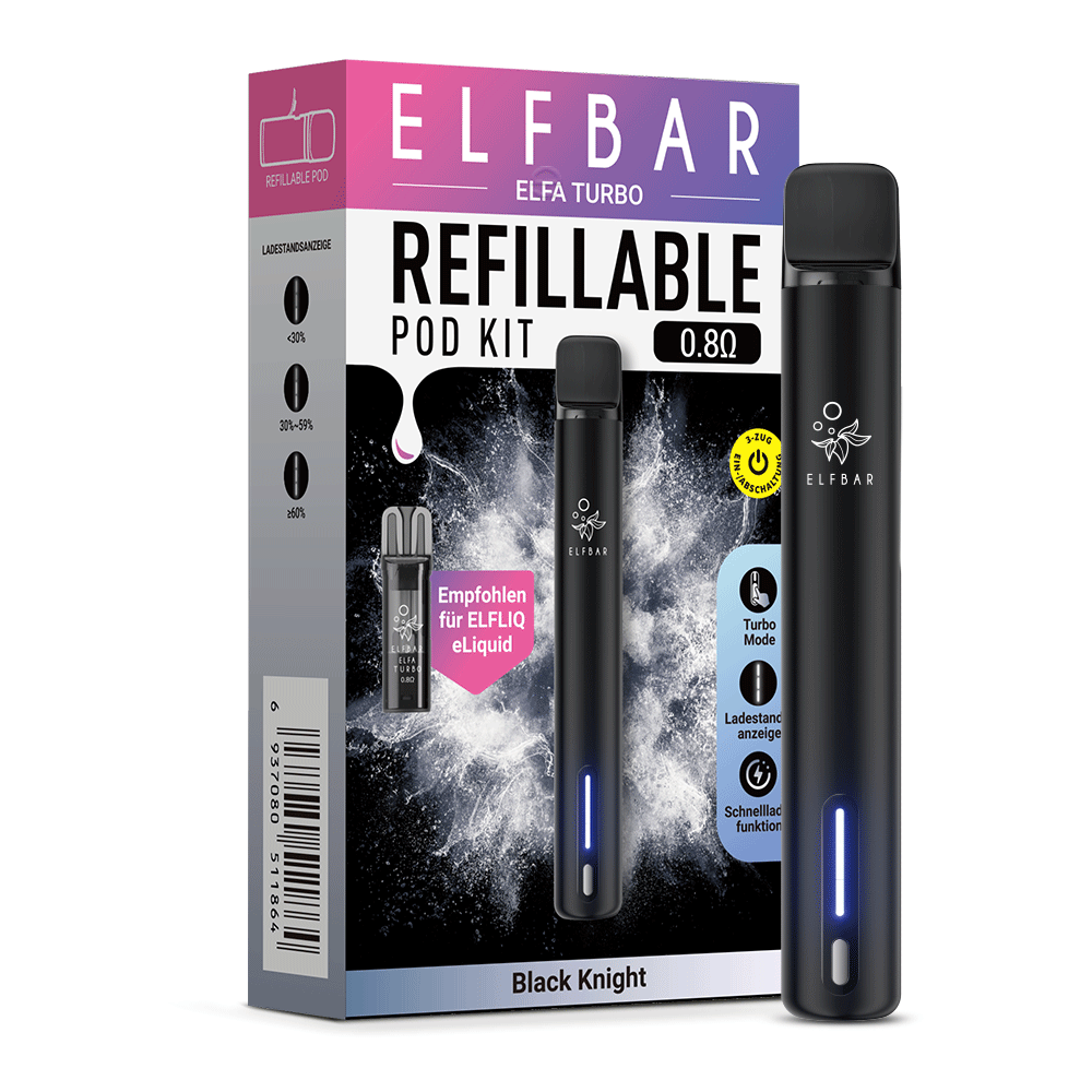 Elfbar ELFA Turbo Refillable Pod Kit Black Knight 0,8 Ohm - wiederbefüllbares E-Zigaretten-Set mit Turbo Mode, Ladestandsanzeige und Schnelladefunktion - Elfbar bei VECOM kaufen