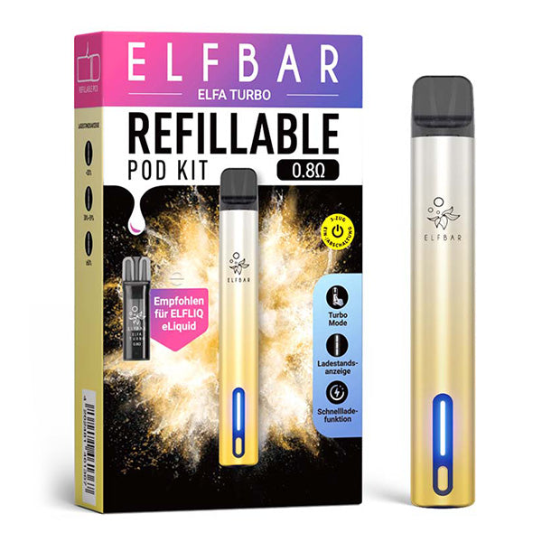 Elfbar Elfa Turbo Refillable Pod Kit Gold 0,8 Ohm - nachfüllbares E-Zigaretten-Set mit Turbo-Mode, Ladestandsanzeige und Schnelladefunktion - Original Elfbar bei VECOM kaufen