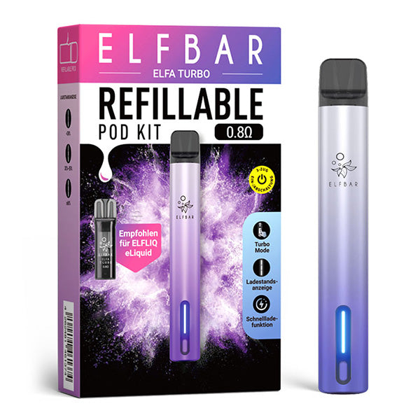 Elfbar Elfa Turbo Refillable Pod Kit 0,8 Ohm Aurora Purple - elegantes wiederbefüllbares E-Zigaretten-Set mit Turbo-Mode, Ladestandsanzeige und Schnelladefunktion - Original Elfbar bei VECOM kaufen