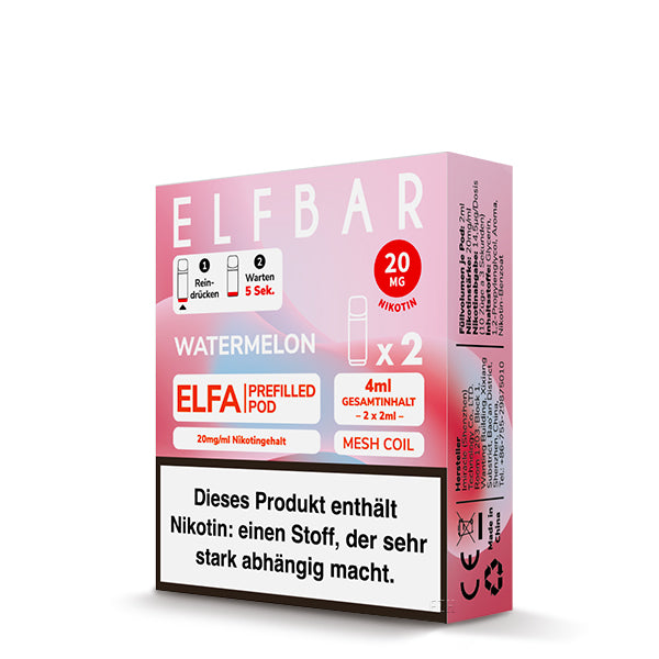 Elfbar ELFA Prefilled Pods Wassermelone - 2er Pack mit 20mg Nikotin, Mesh Coil und 4 ml Gesamtinhalt - kompatibel mit ELFA Akku - Original Elfbar bei VECOM kaufen