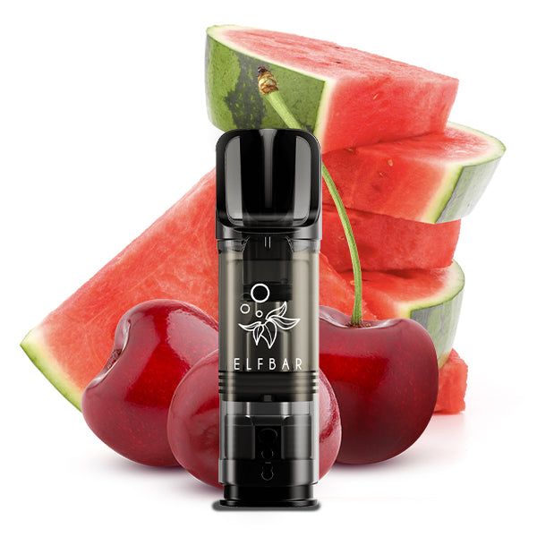 Elfbar Vape Pod mit Wassermelonen- und Kirschgeschmack vor frischen Früchten - fruchtig-süßer Geschmack, ideal für intensiven Dampfgenuss - Originale ELFA Pod günstig bei VECOM kaufen