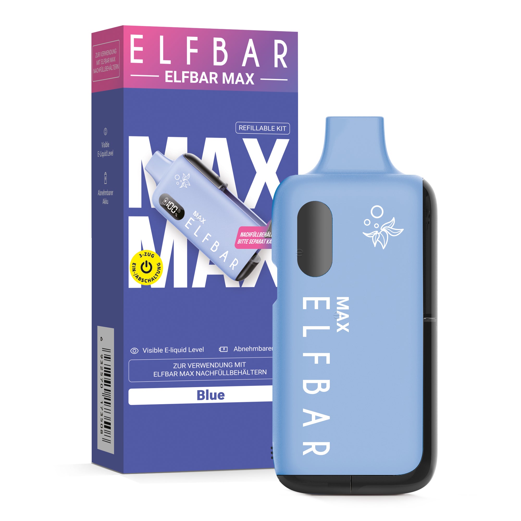 Elfbar Max Refillable Kit Blue - nachfüllbares E-Zigaretten-Set mit Display, sichtbarem Liquid-Level und abnehmbarem Pod - Original Elfbar bei VECOM kaufen