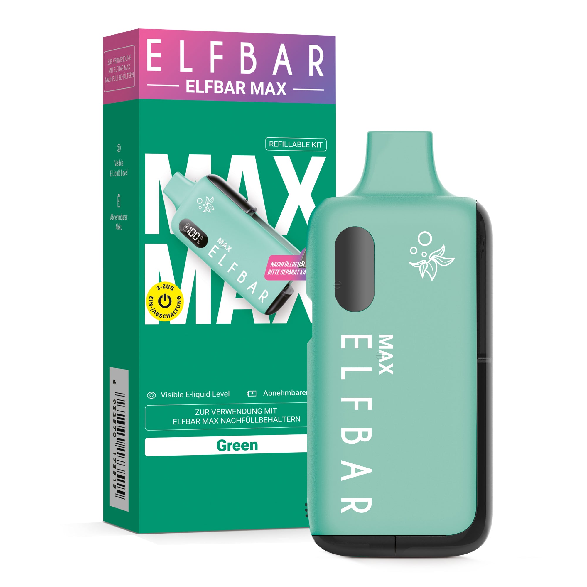 Elfbar Max Refillable Kit Green - nachfüllbares E-Zigaretten-Set mit Display, sichtbarem Liquid - Level und abnehmbarem Pod - Original Elfbar bei VECOM kaufen